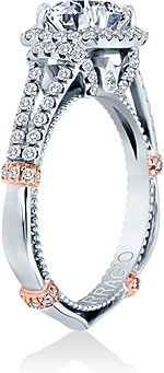 This image shows the setting with a 1.25ct round brilliant cut center diamond. The setting can be ordered to accommodate any shape/size diamond listed in the setting details section below.