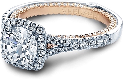 This image shows the setting with a 1ct round brilliant cut center diamond. The setting can be ordered to accommodate any shape/size diamond listed in the setting details section below.