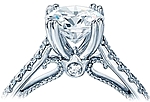 This image shows the setting with a 1.00ct round brilliant cut center diamond. The setting can be ordered to accommodate any shape/size diamond listed in the setting details section below. Shown here in all white; Available at no additional charge.