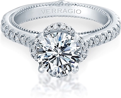 This image shows the setting with a 1.00ct round brilliant cut center diamond. The setting can be ordered to accommodate any shape/size diamond listed in the setting details section below.