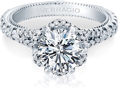 This image shows the setting with a 1.00ct round brilliant cut center diamond. The setting can be ordered to accommodate any shape/size diamond listed in the setting details section below.