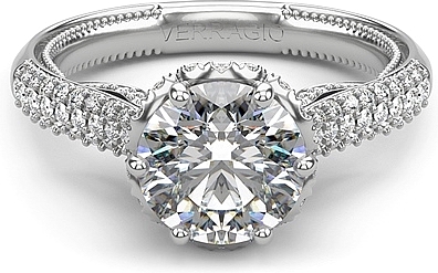 This image shows the setting with a 1.00ct round brilliant cut center diamond. The setting can be ordered to accommodate any shape/size diamond listed in the setting details section below.