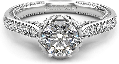 This image shows the setting with a 1.00ct round brilliant cut center diamond. The setting can be ordered to accommodate any shape/size diamond listed in the setting details section below.