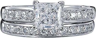 This image shows the setting with a 1.25ct princess cut center diamond. The setting can be ordered to accommodate any shape/size diamond listed in the setting details section below. The matching wedding band is sold separately.
