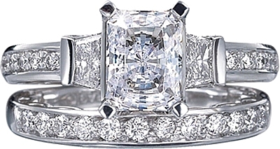 This image shows the setting with a 1.25ct radiant cut center diamond. The setting can be ordered to accommodate any shape/size diamond listed in the setting details section below. The matching wedding band is sold separately.