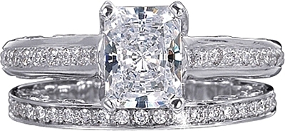 This image shows the setting with a 1.25ct radiant cut center diamond. The setting can be ordered to accommodate any shape/size diamond listed in the setting details section below. The matching wedding band is sold separately.