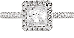 This image shows the setting with a 1ct princess cut center diamond. The setting can be ordered to accommodate any shape/size diamond listed in the setting details section below.