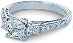 This image shows the setting with a .75ct princess cut center diamond. The setting can be ordered to accommodate any shape/size diamond listed in the setting details section below.