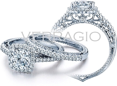 This image shows the setting with a 1ct round brilliant cut center diamond. The setting can be ordered to accommodate any shape/size diamond listed in the setting details section below. The matching wedding band is sold separately.