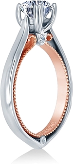 This image shows the setting with a 1.00ct round brilliant cut center diamond. The setting can be ordered to accommodate any shape/size diamond listed in the setting details section below.