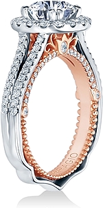 This image shows the setting with a 1.00ct round brilliant cut center diamond. The setting can be ordered to accommodate any shape/size diamond listed in the setting details section below.