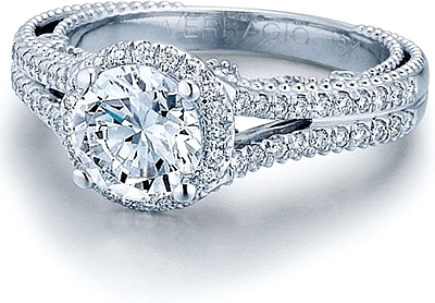 This image shows the setting with a 1.00ct round brilliant cut center diamond. The setting can be ordered to accommodate any shape/size diamond listed in the setting details section below.
