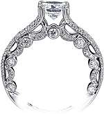 This image shows the setting with a 1.25ct round brilliant cut center diamond. The setting can be ordered to accommodate any shape/size diamond listed in the setting details section below.