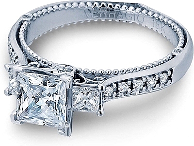 This image shows the setting with a 1.00ct princess cut center diamond. The setting can be ordered to accommodate any shape/size diamond listed in the setting details section below.
