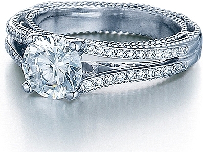 This image shows the setting with a 1.00ct round brilliant cut center diamond. The setting can be ordered to accommodate any shape/size diamond listed in the setting details section below.